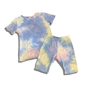 Tie Dye 2 piece Biker Shorts Set - Yelllow/Blue